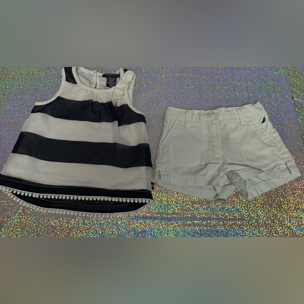 Nautical Girls 12 Month 2-Piece Short Outfit White Navy Striped Sleeveless